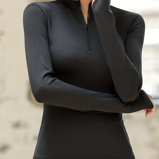 Sophie | Unifarbenes Langarm-T-Shirt mit halbem Reißverschluss für Frauen