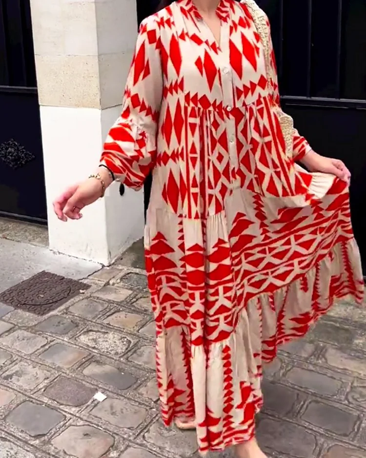 Kleid mit Print, langen Ärmeln und V-Ausschnitt