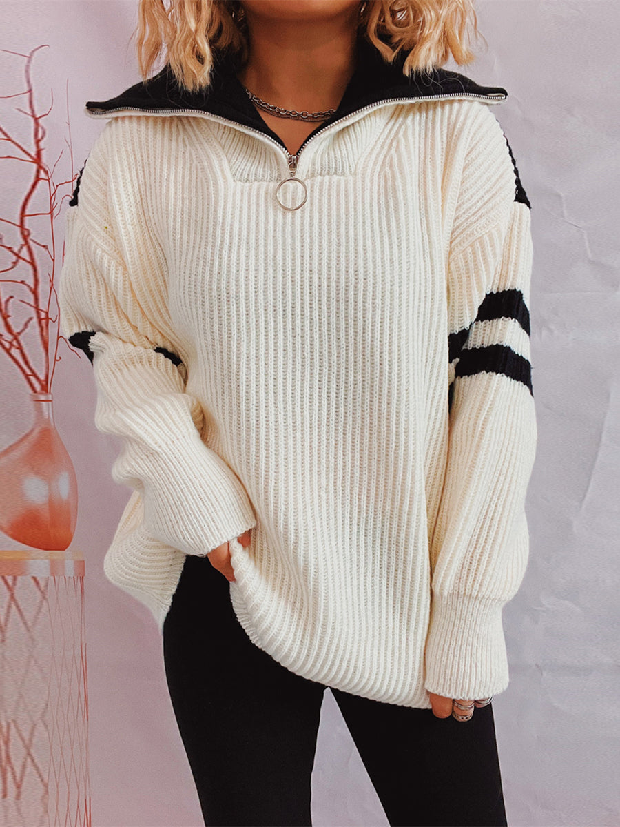 Ella - Zweifarbiger Rippenstrickpullover mit halbem Reißverschluss für Frauen