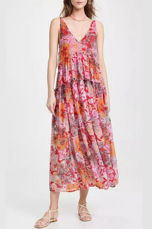-Kleid ohne Ärmel mit gefaltetem V-Ausschnitt mit Blumen
