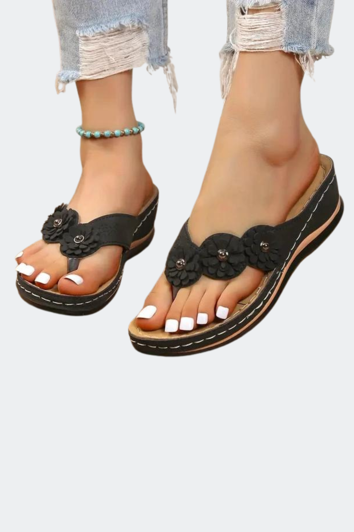 Flache orthopädische Sommersandalen mit Blumenmuster für Frauen - Felice