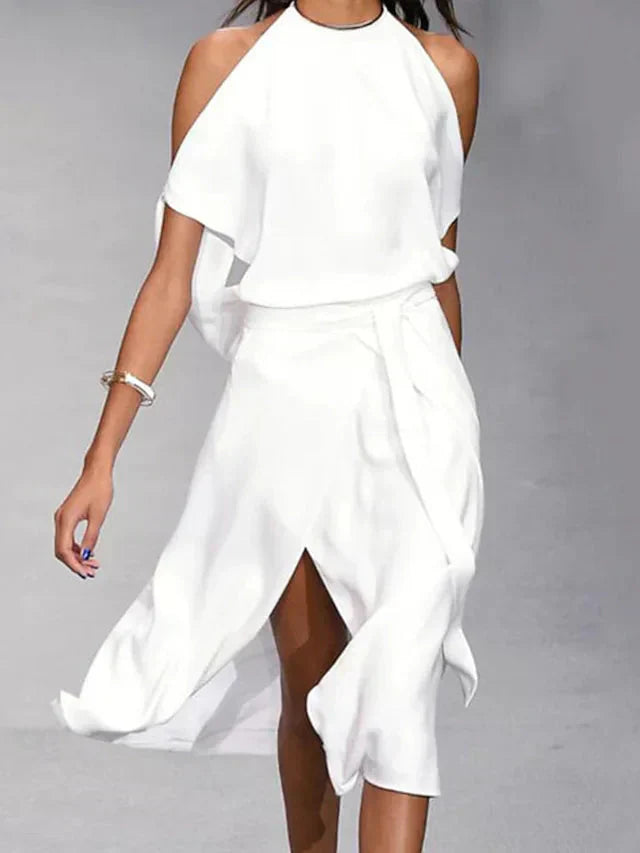 Asymmetrisches Midikleid mit freien Schultern und elegantem Fall