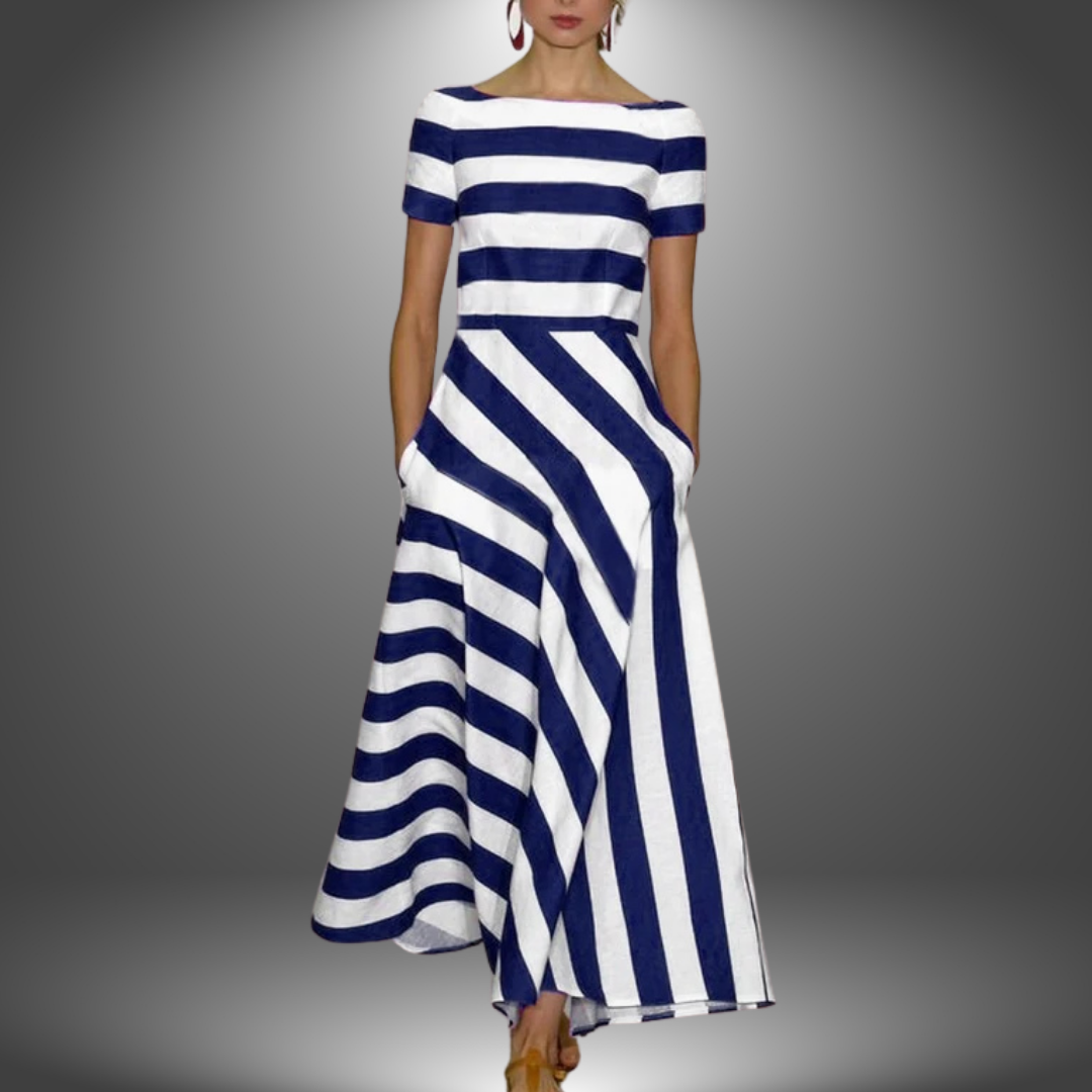 Elegantes langes Kleid mit Streifenmuster und kurzen Ärmeln