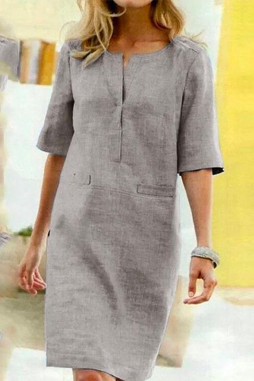 Kathy gerades Kleid aus Leinen und Baumwolle mit halben Ärmeln