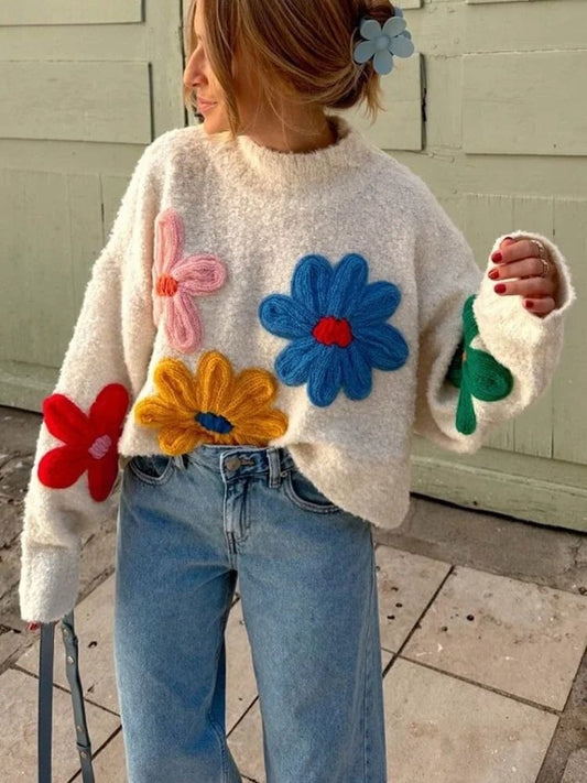 Sofia - Weißer, herbstlicher Strickpullover mit eleganten Blumenmustern für Frauen