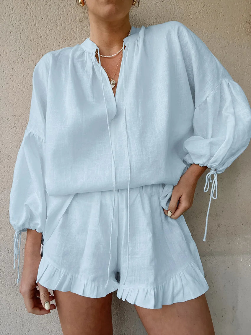 Casual Laternenärmel Top Kurze Hose Baumwolle und Leinen Zweiteiliges Set