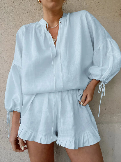 Casual Laternenärmel Top Kurze Hose Baumwolle und Leinen Zweiteiliges Set