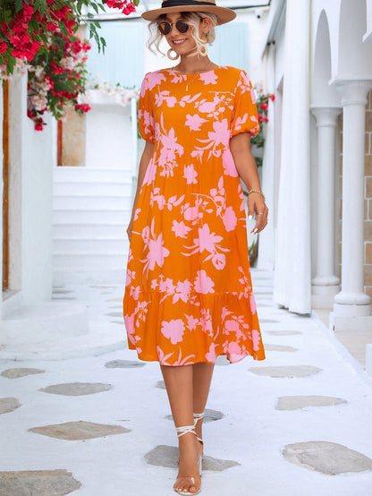 Chaya - Geblümtes Midikleid mit Puffärmeln und gerüschtem Saum