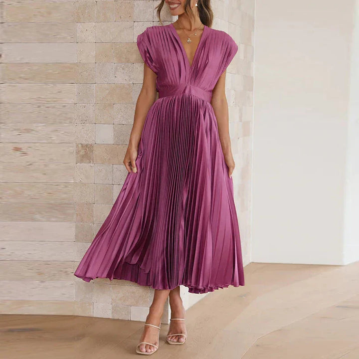 Plissiertes Midikleid mit V-Ausschnitt und eleganten kurzen Ärmeln