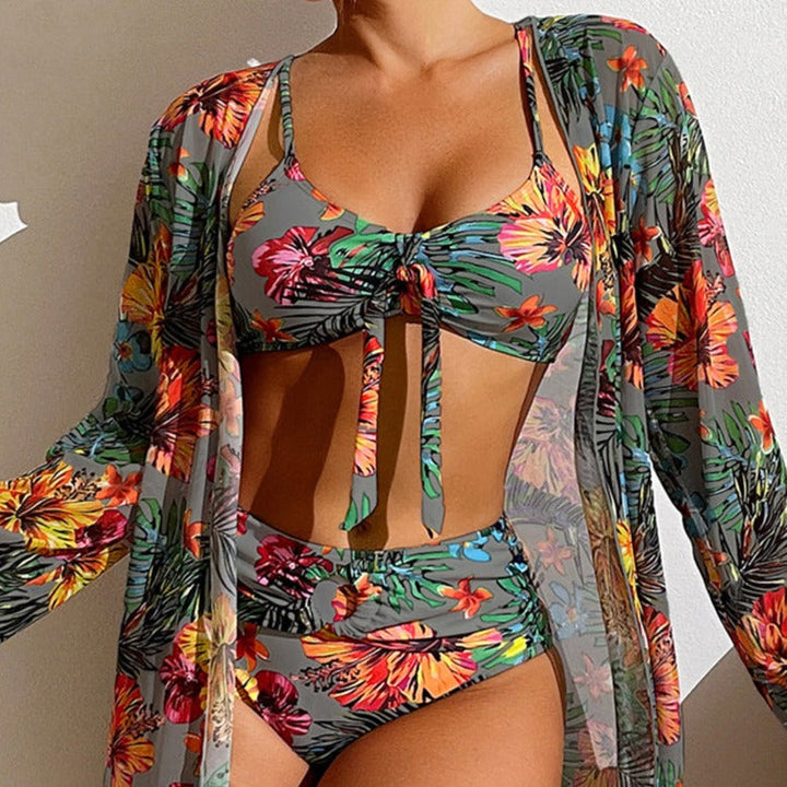3-teiliger Bikini mit Blumen und Überwurf
