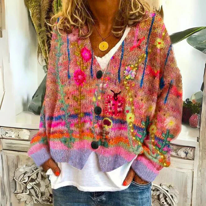 Damen Strickjacke mit Blumenknöpfen
