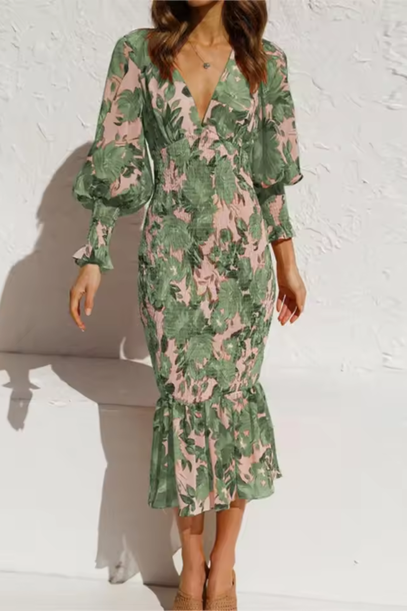 Serena | Bedrucktes Fischschwanzkleid mit V-Ausschnitt für Damen
