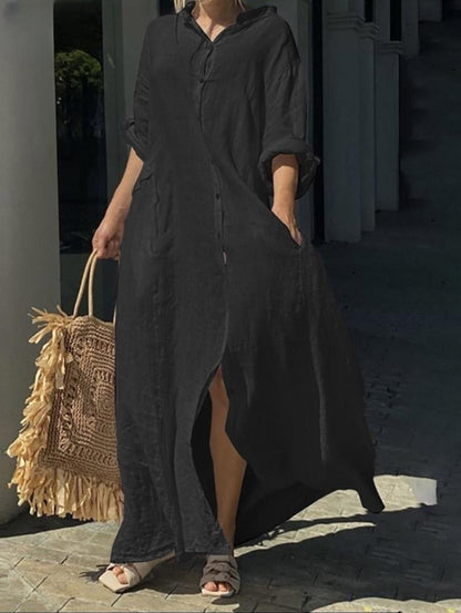 Lockeres, lässiges, einfarbiges Taschenkleid mit einer Knopfleiste und langen Ärmeln