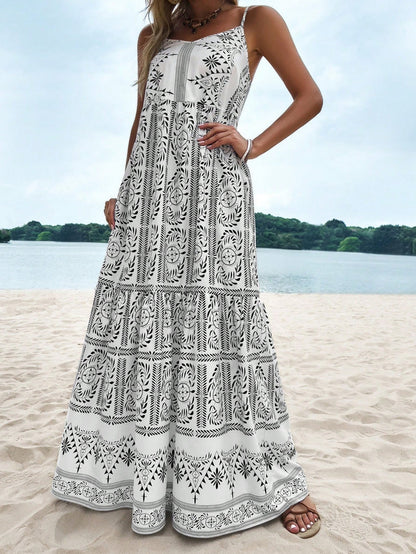 Tropical Vibes: Damenkleid mit gerafftem Saum und grünem Print