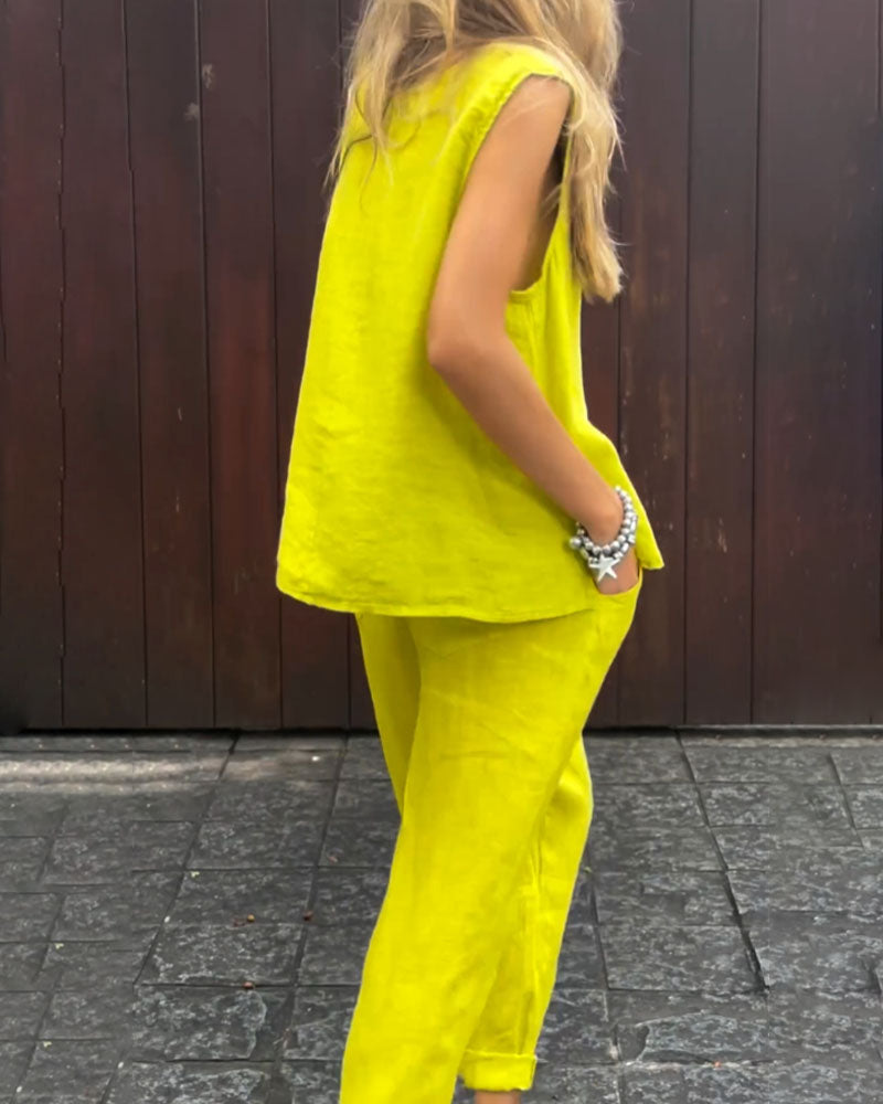 Zweiteiliges Set aus ärmelloser Weste und Hose aus Baumwoll-Leinen, unifarben