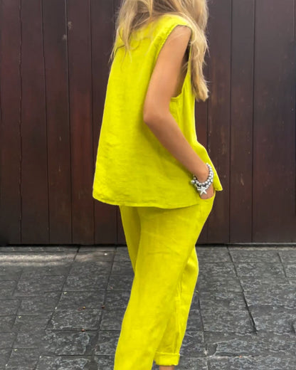 Zweiteiliges Set aus ärmelloser Weste und Hose aus Baumwoll-Leinen, unifarben