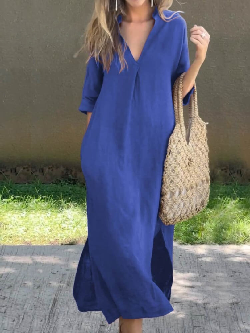 Elegantes Maxikleid mit V-Ausschnitt und lockerer Silhouette