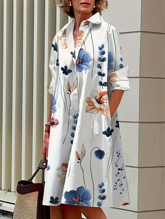 Lässiges Hemdkleid mit Blumen und geschlitzten Taschen