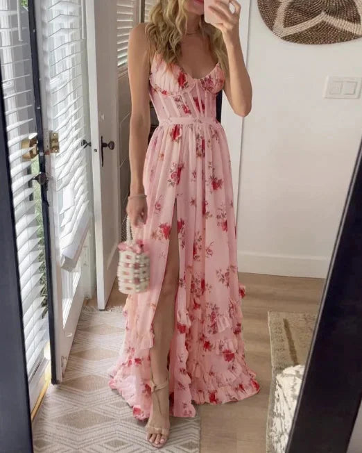 Langes Blumenkleid mit schmeichelhaftem Ausschnitt