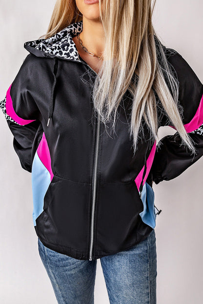 Jantine | Leopard rosa und schwarzer Farbblock-Kapuzenjacke