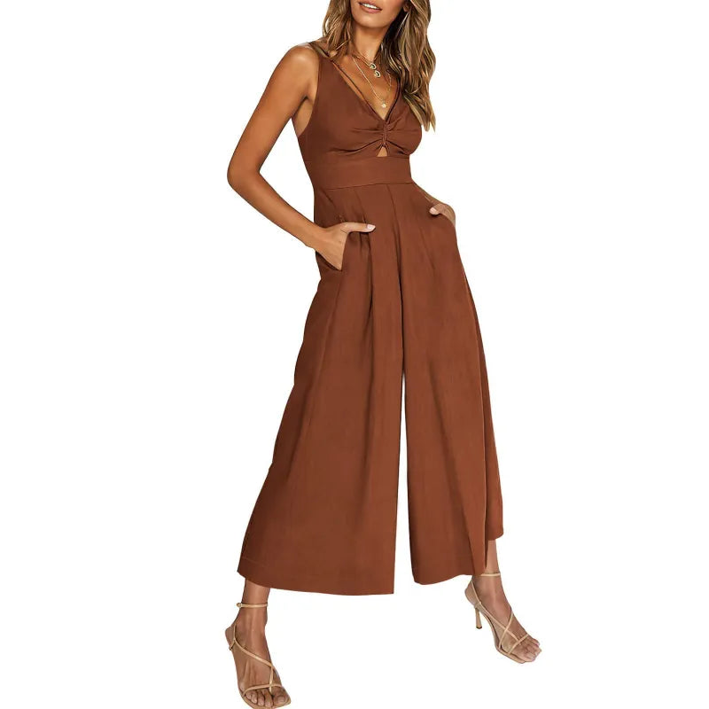 2024 neuer Jumpsuit mit V-Ausschnitt und weitem Bein