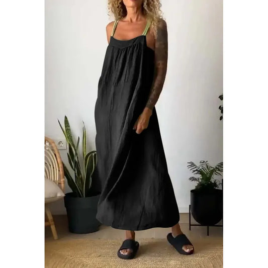 Langes Chambray-Kleid mit Taschen und kontrastierenden Trägern in Beau Blue