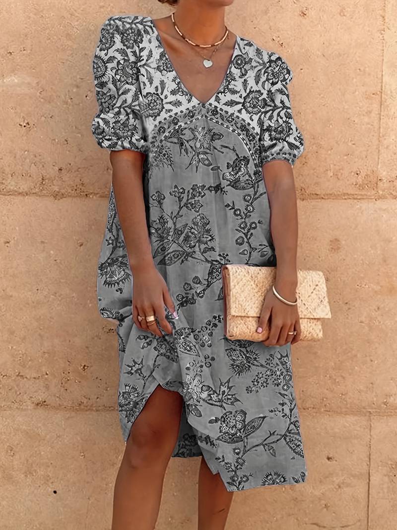Abida Mehrfarbiges Kleid mit Puffärmeln und V-Ausschnitt