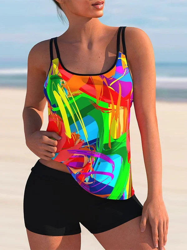 Plus Size Bademode ärmelloser, mit Blumen bedruckter, leicht gestreifter Tankini