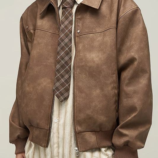 Bram | Vintage braune PU Jacke mit lockerer Passform