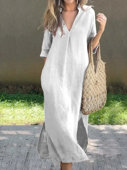 Stella - Schlichtes Leinenkleid mit V-Ausschnitt und Tasche