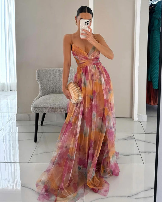 Elegantes langes Kleid mit Blumendruck