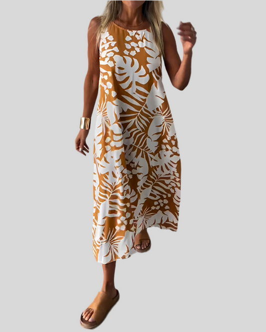 Langes, ärmelloses Kleid mit Blattmuster und elegantem Stil