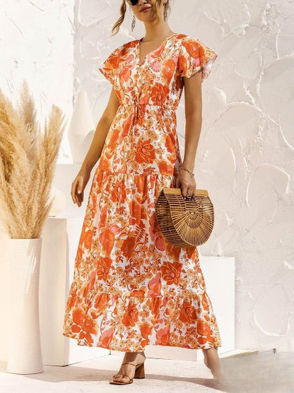 Emaline - Langes Kleid mit Blumendruck und V-Ausschnitt