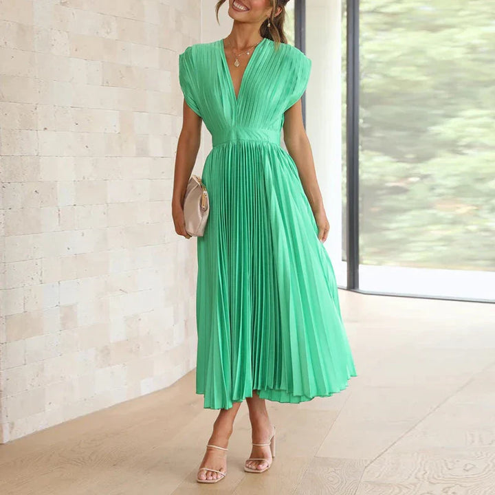 Plissiertes Midikleid mit V-Ausschnitt und eleganten kurzen Ärmeln