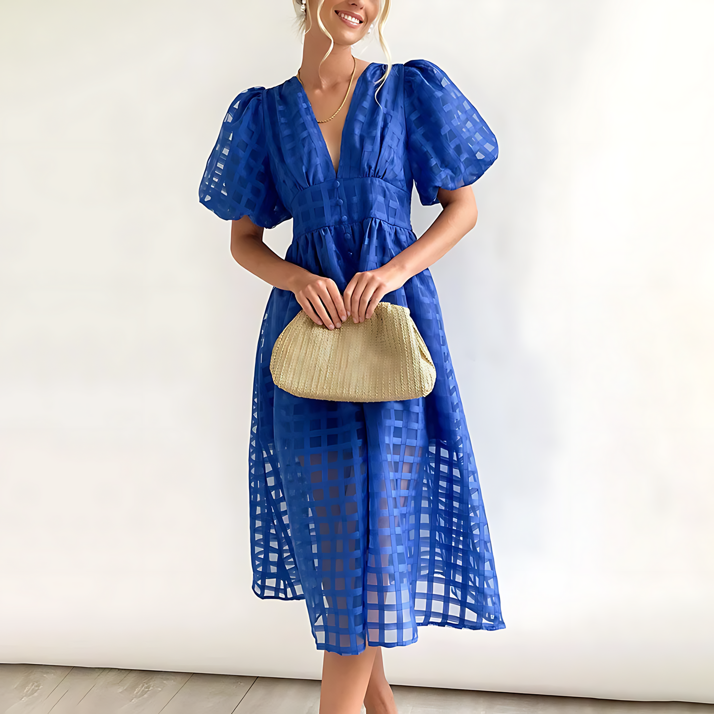 Elegantes Sommer-Midikleid mit kurzen Puffärmeln