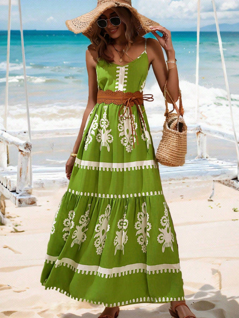 Tropical Vibes: Damenkleid mit gerafftem Saum und grünem Print