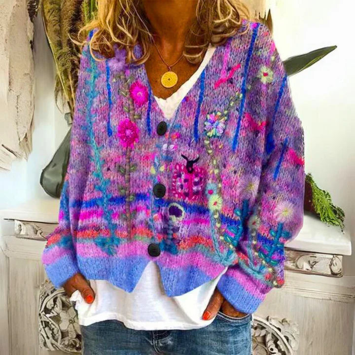 Damen Strickjacke mit Blumenknöpfen