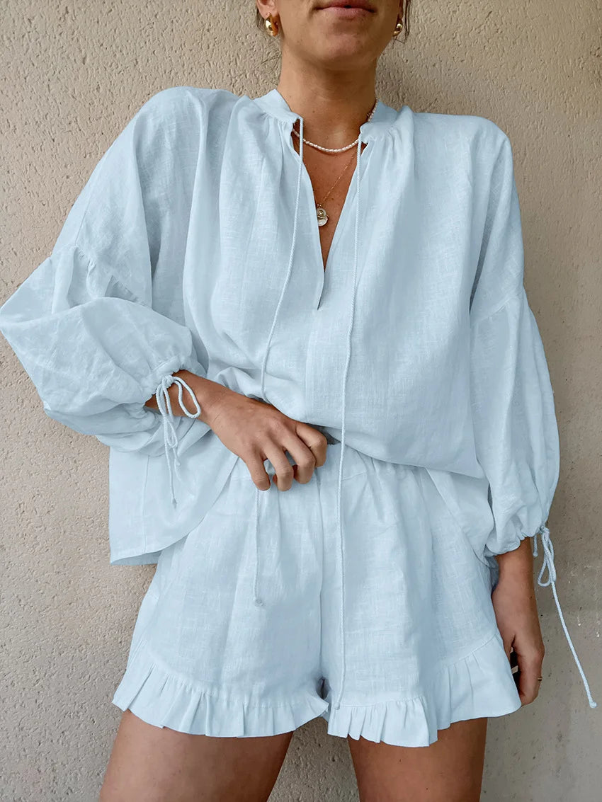 Casual Laternenärmel Top Kurze Hose Baumwolle und Leinen Zweiteiliges Set