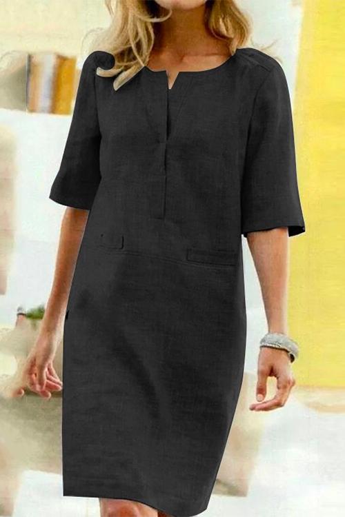Kathy gerades Kleid aus Leinen und Baumwolle mit halben Ärmeln