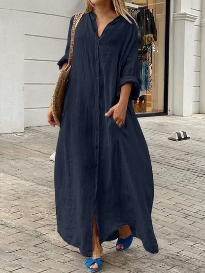 Lockeres, lässiges, einfarbiges Taschenkleid mit einer Knopfleiste und langen Ärmeln