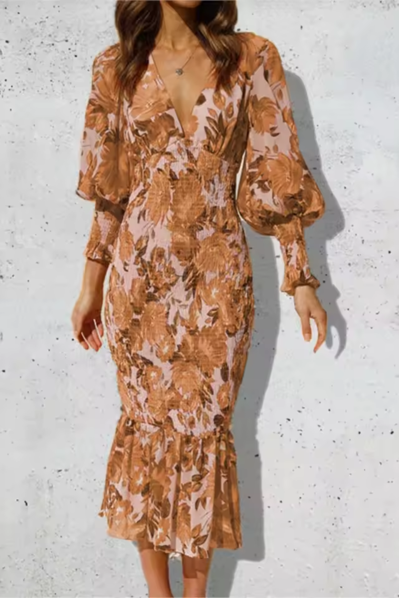 Serena | Bedrucktes Fischschwanzkleid mit V-Ausschnitt für Damen