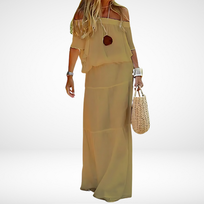 Elegantes weißes Maxikleid mit schulterfreiem Ausschnitt für den Strand