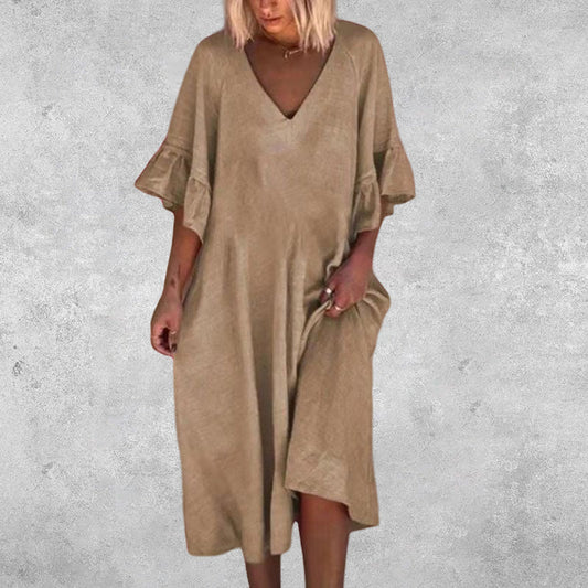 Unifarbenes Kleid mit gerafften Ärmeln