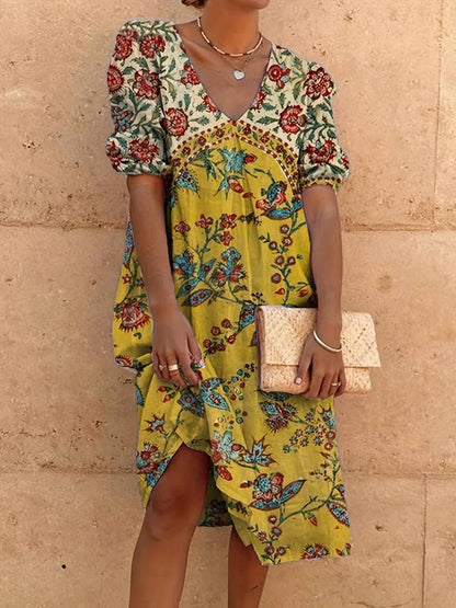 Abida Mehrfarbiges Kleid mit Puffärmeln und V-Ausschnitt