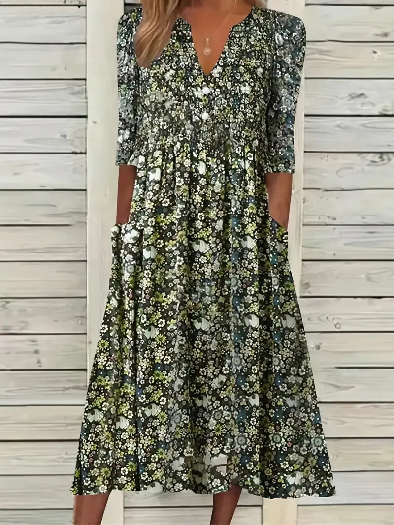 Blossom Ditsy Floral Print Kleid mit V-Ausschnitt und Taschen