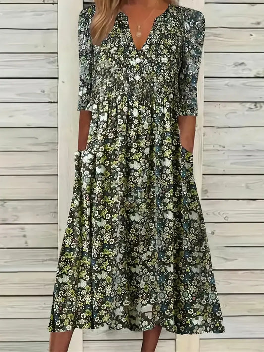 Blossom Ditsy Floral Print Kleid mit V-Ausschnitt und Taschen