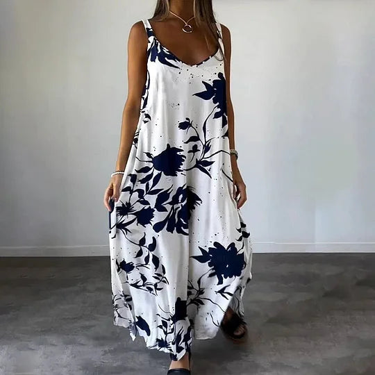 Langes, ärmelloses Kleid mit Blumenprint, ideal für sonnige Tage