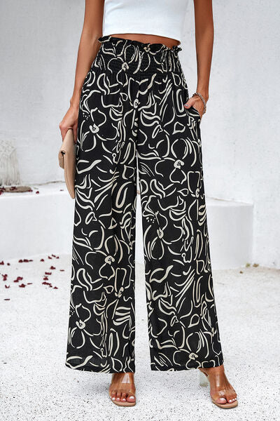 Bedruckte Hose mit weitem Bein, Kittel und Taschen