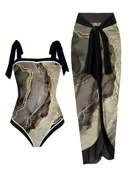Eleganter Badeanzug & Rock mit Marmordruck in einem Stück