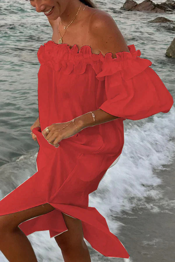Jamila - Kleid aus Leinen mit schulterfreien Rüschen